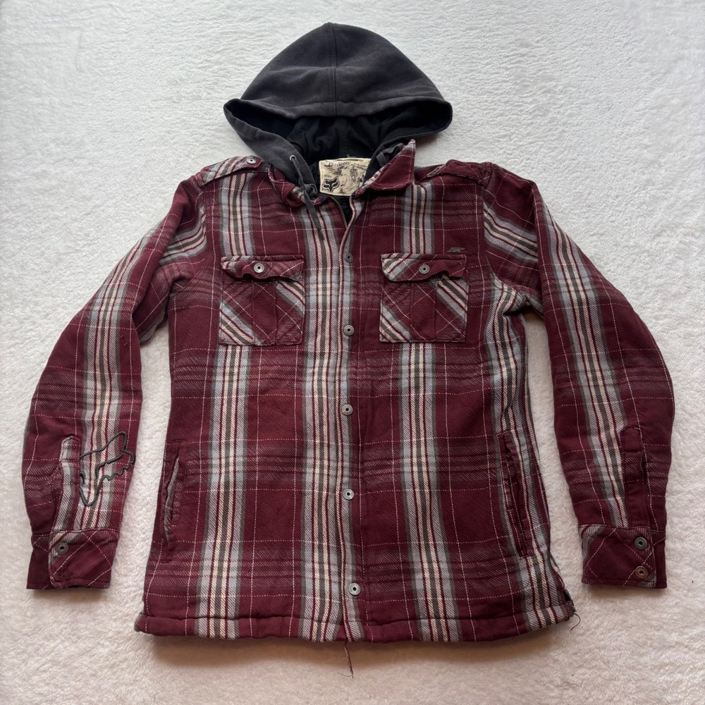 Fox Racing Mens Small Red Plaid Quilted Hooded Flannel Shirt Jacket Shacket